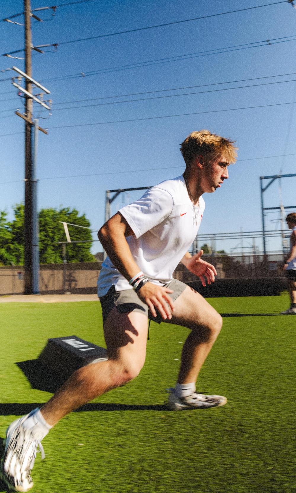 An athlete works through a footwork drill