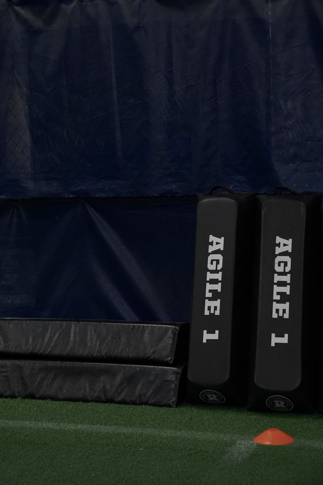 Agility pads and a cone at the edge of the turf